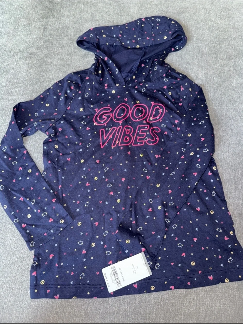 Carter's Navy Blue Pullover Hoodie with Hearts, Cats and Stars Good Vibes